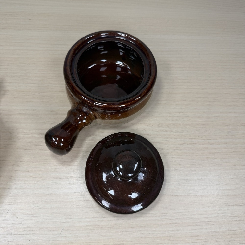 Vintage French Onion Soup Crock Handled Bowls with Lid Brown Glazed (1) - Picture 6 of 13